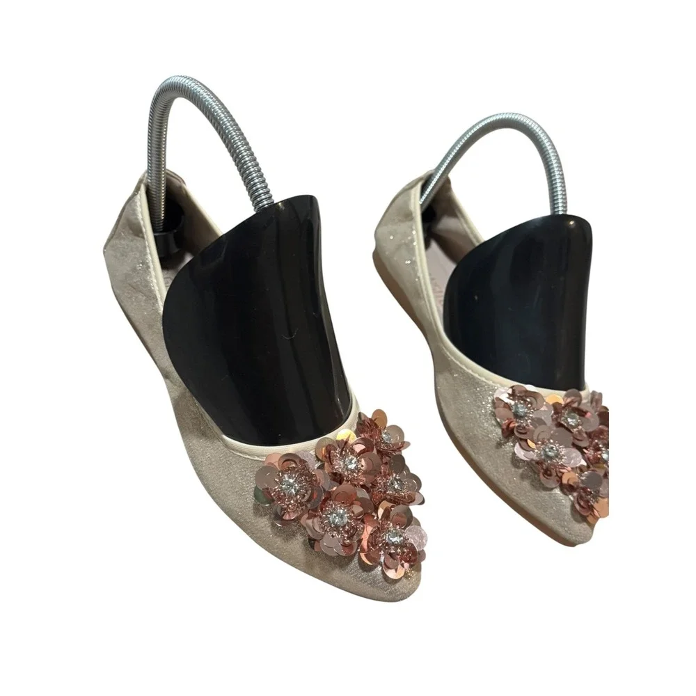 Guansitu Champagne Gold Sequin Pointed Toe Ballet Flats Sz 37/6.5 Fairy Coquette